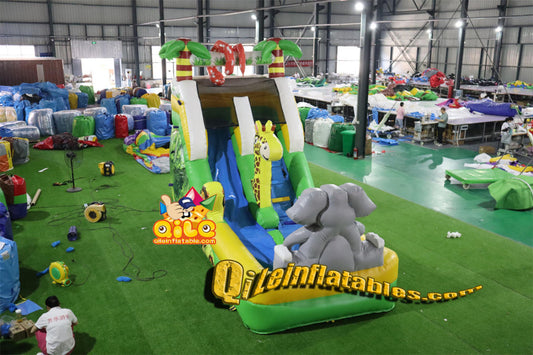 qile-7041 inflatable dry slide Forest, giraffes and elephants slide